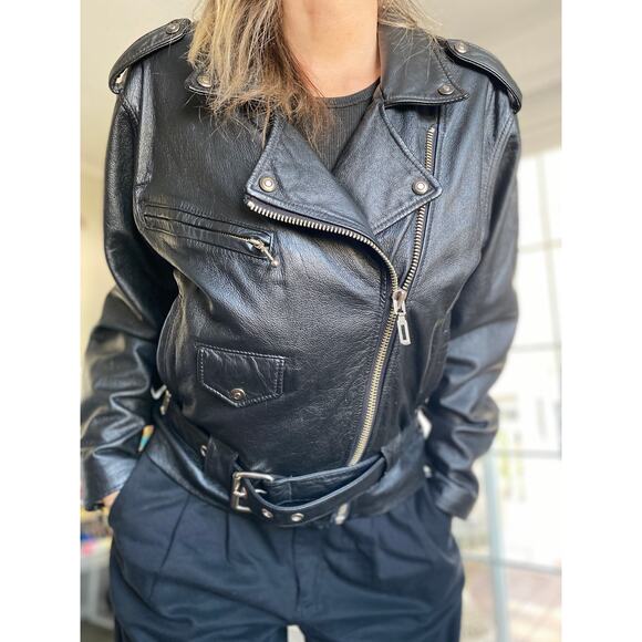 VINTAGE LEATHER CLASSIC BIKER JACKET Highest Quality Calfskin L